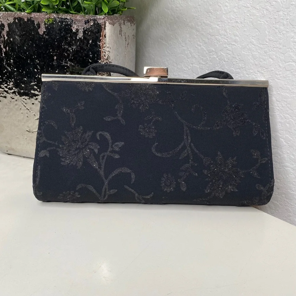 Liz Claiborne Black Floral Glitter Evening Clutch Crossbody Bag Silver‎ Hardware